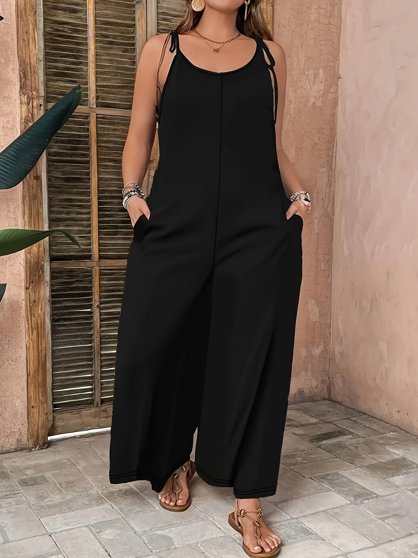 Plus Size Black Sleeveless Jumpsuit for Women Wide-Leg High-Waisted Summer Casual Formal