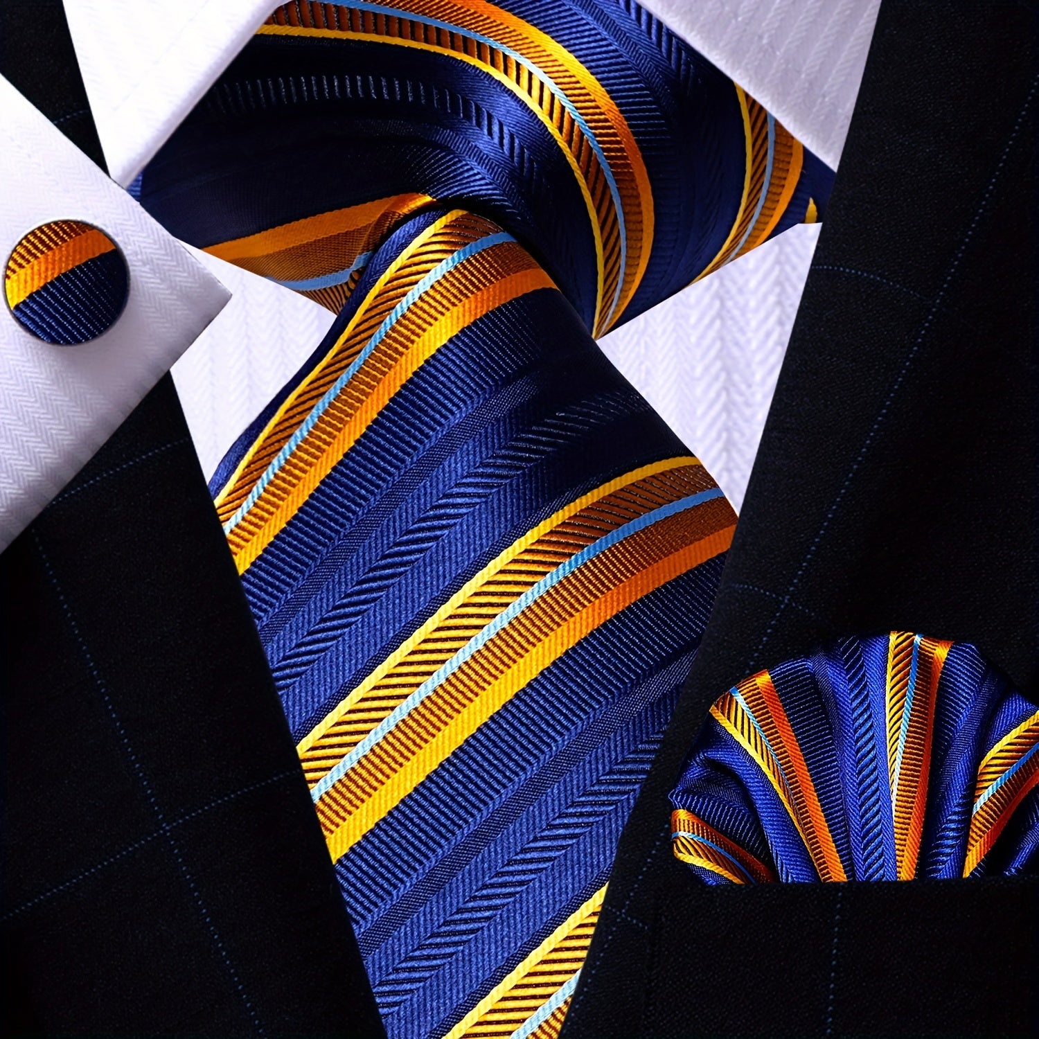 Men's Gold Accessories Set Tie Pocket Square Cufflinks for Weddings Business