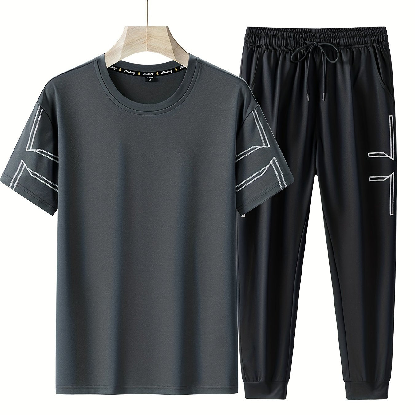 Men's Casual Outfit Geometric Line Pattern T-Shirt and Drawstring Jogger Pants