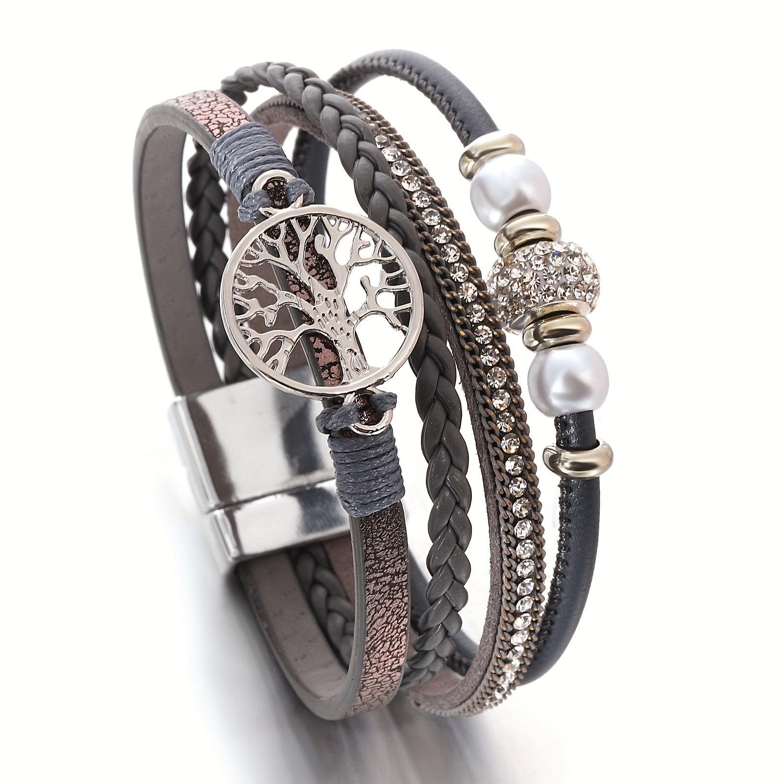 Multi-Layer Faux Leather Wristband with Tree of Life Charm and Rhinestones