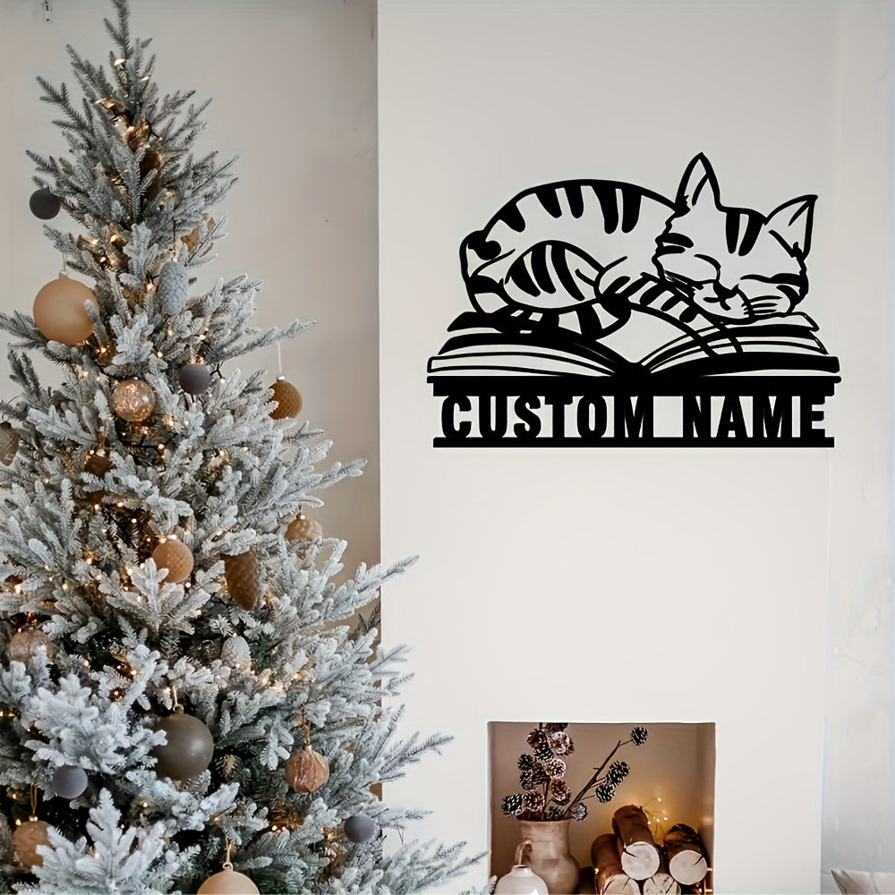 Uy kutubxonasi dekoratsiyasi uchun mushuklar va kitoblar bilan shaxsiylashtirilgan qora temir devor san'ati