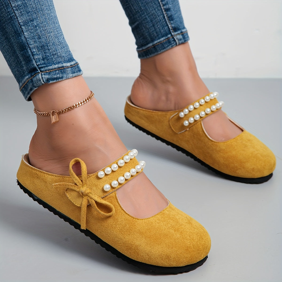 Women's Yellow Fabric Slip-On Mary Jane Sandals with Cushioned Sole