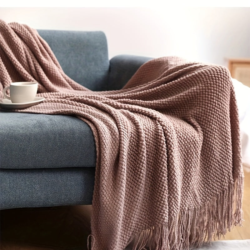 Knit Throw Blanket with Tassels Lightweight Acrylic Bubble Texture for Couch Bed Decor