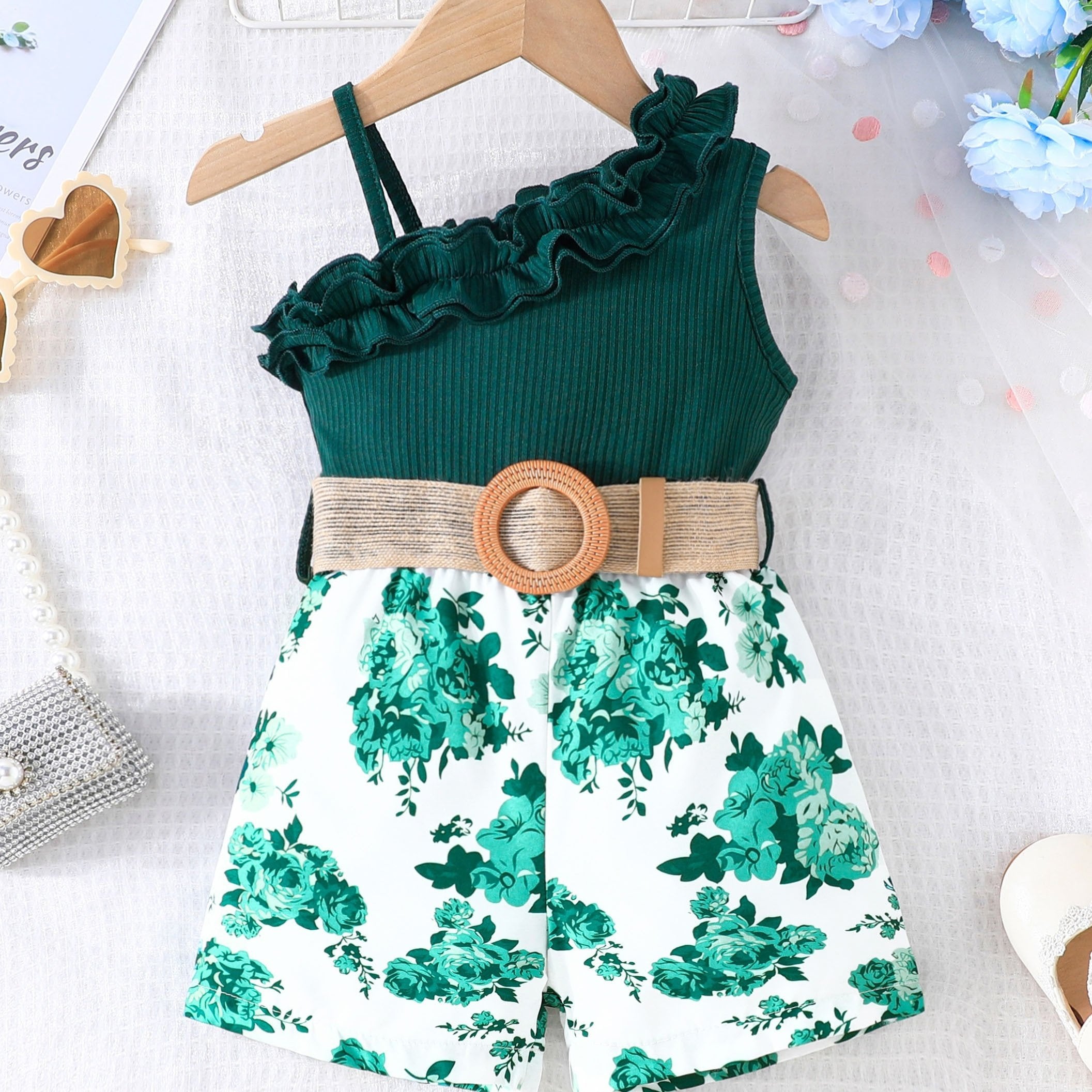 Girls Floral Print Sleeveless Romper with Belt for Spring Summer Outdoor Wear