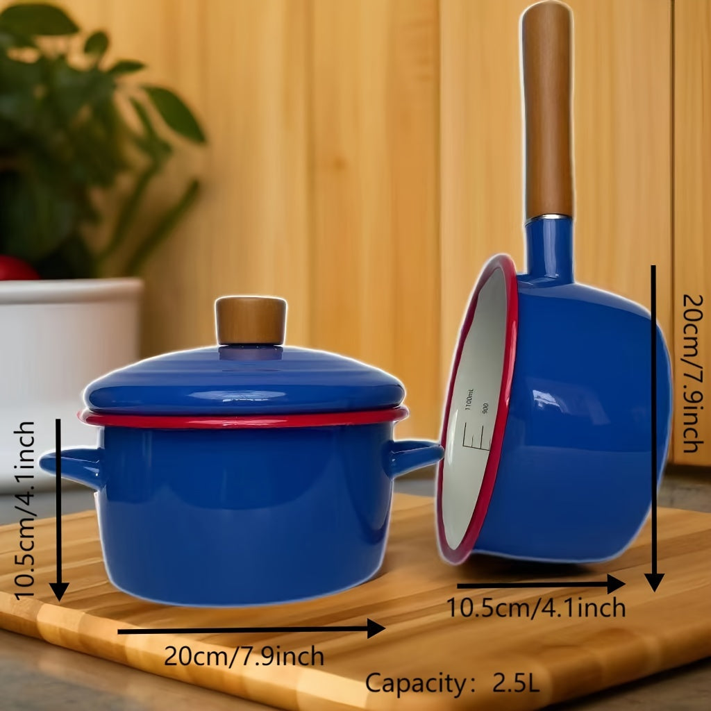 Qalin qoplamali, bir xil rangdagi emal sho'rva qozonlari to'plami, gaz pechida va induksion pechda ishlatish uchun mos. Ushbu oshxona va ovqatlanish uchun zarur bo'lgan buyumlar sog'liq uchun xavfsiz qoplamaga ega va 1.5L va 2.5L o'lchamlarida mavjud.