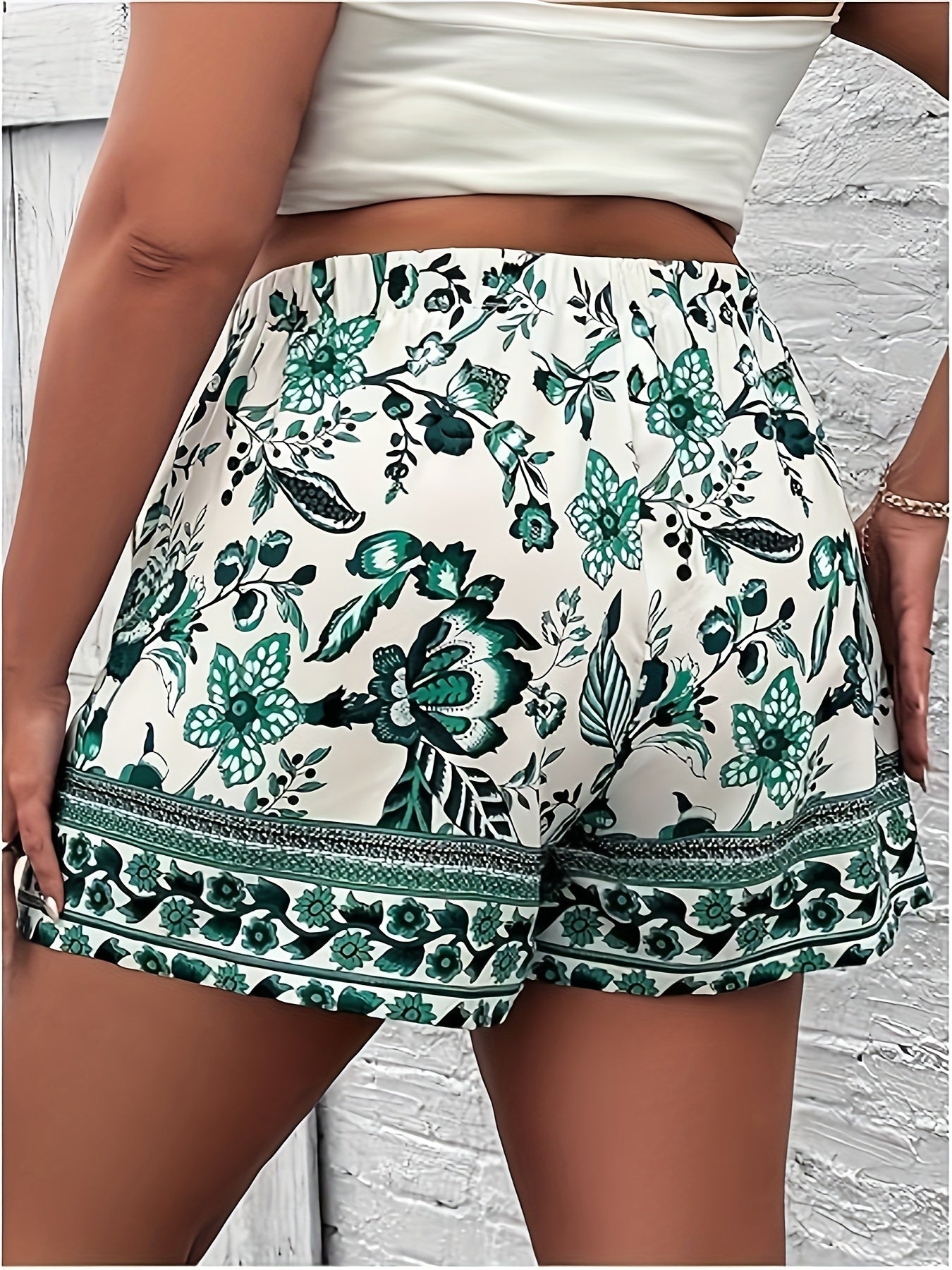 Women's Plus Size Bohemian Floral Print High-Waist Wide-Leg Shorts Blue White Summer