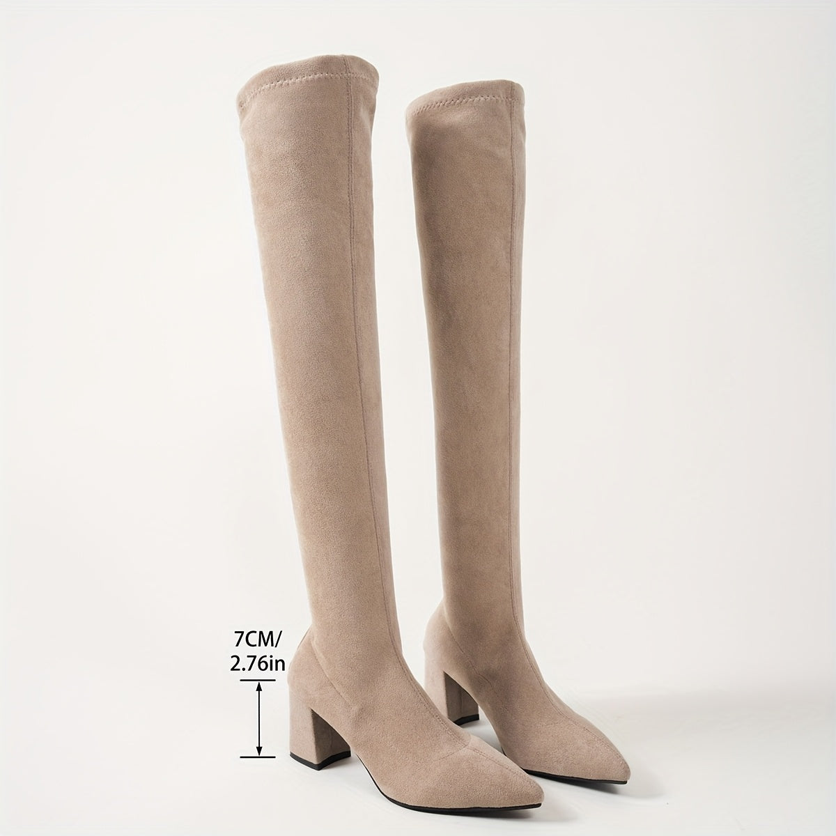 Women's Fleece-Lined Over-the-Knee Boots Khaki Pointed Toe Chunky Heel