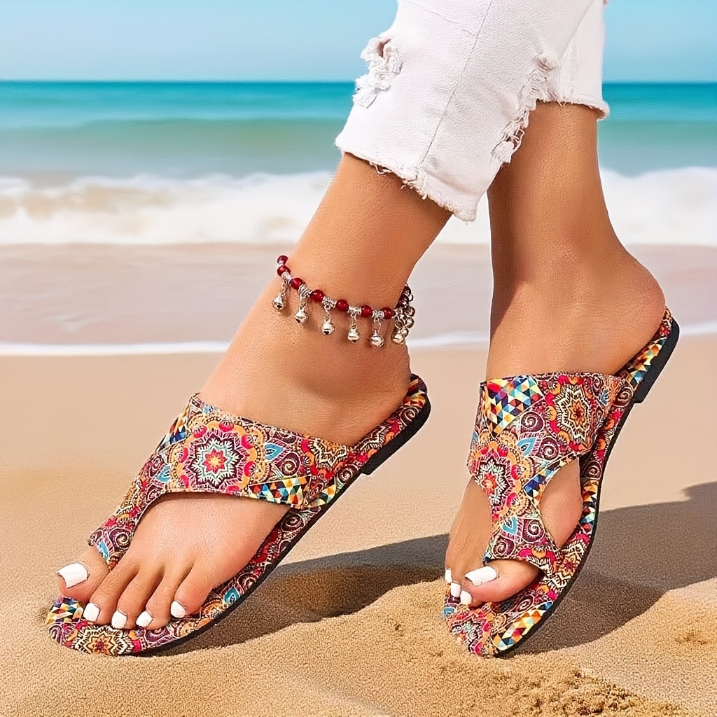 Women's Bohemian Geometric Print Slip-On Flat Summer Sandals with Breathable Fabric
