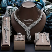 Elegant Platinum-Plated Zirconia Bridal Jewelry Set Necklace Earrings Bracelet Ring for Weddings