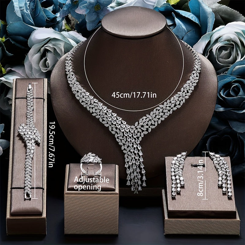 Elegant Platinum-Plated Zirconia Bridal Jewelry Set Necklace Earrings Bracelet Ring for Weddings