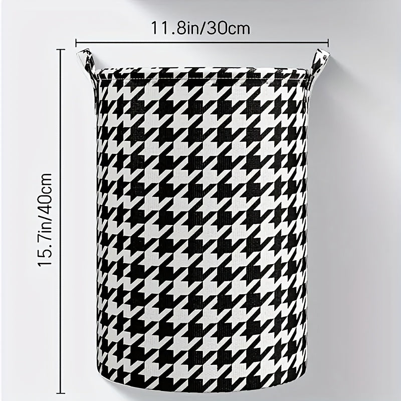 Round Houndstooth Pattern Fabric Laundry Basket with Handles Multipurpose Storage Bin for Clothes Toys Snacks