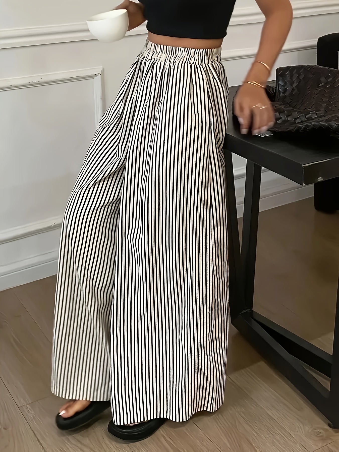 Women's Polyester Wide-Leg Pants Elastic Waist Black and White Stripes