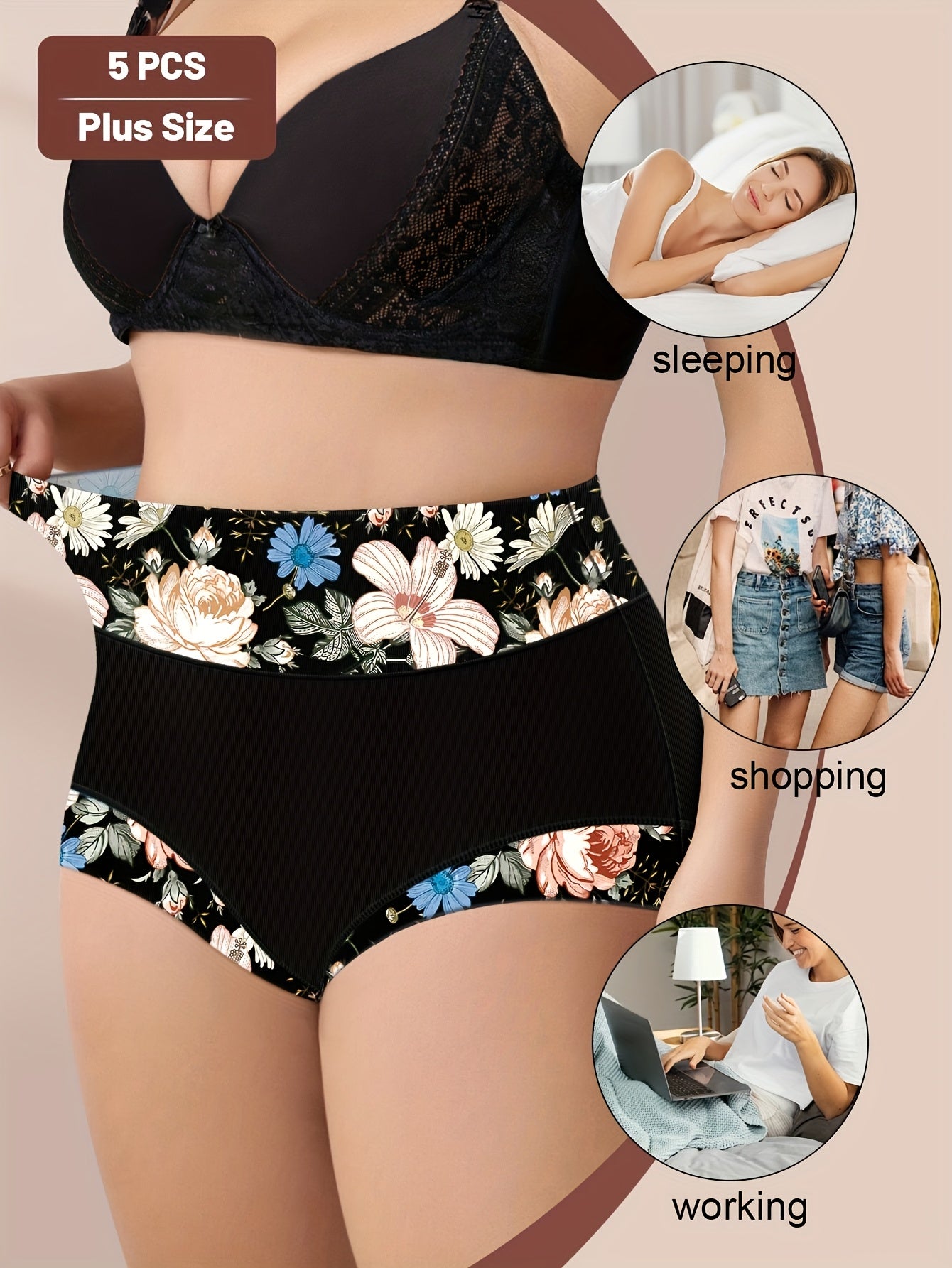 Pack de 5 braguitas de talla grande con estampado floral, de cintura alta, control de barriga y levantamiento de glúteos