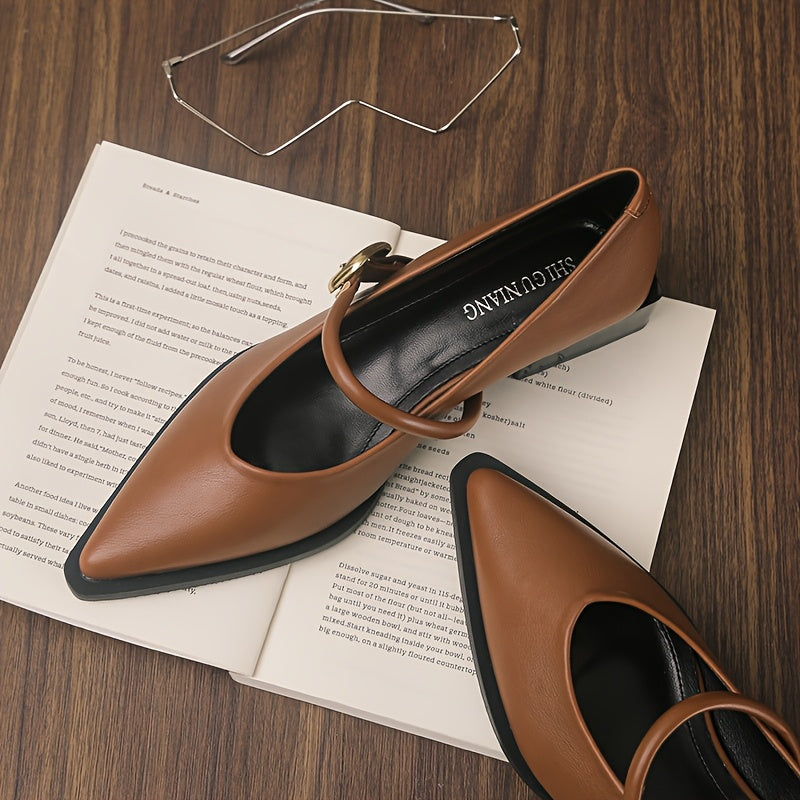 Women’s Faux Leather Mary Jane Pumps with Pointed Toe Mid-Heel