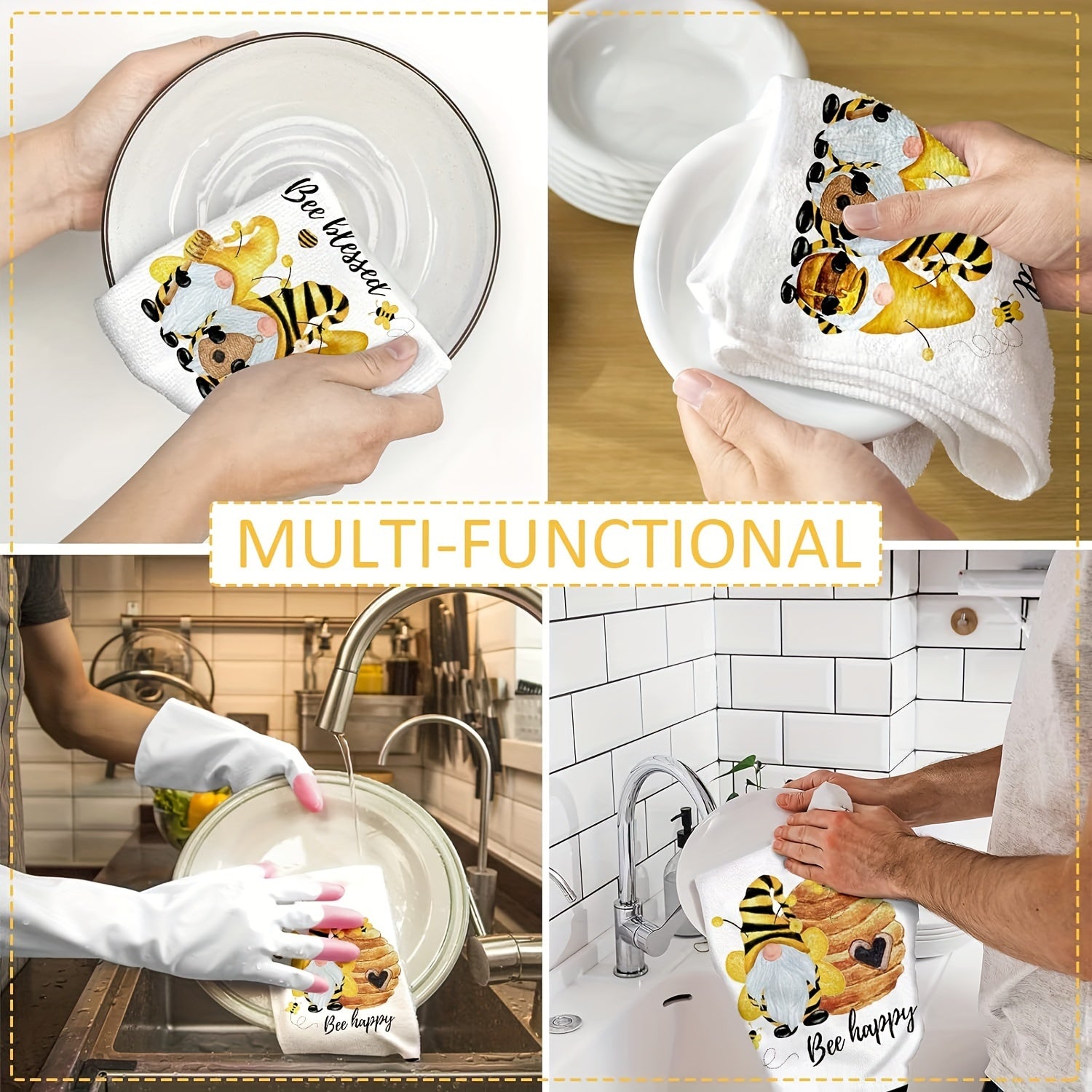 Set of 2 Gnome Bee Pattern Kitchen Towels Absorbent Soft Quick-Drying Housewarming Gift