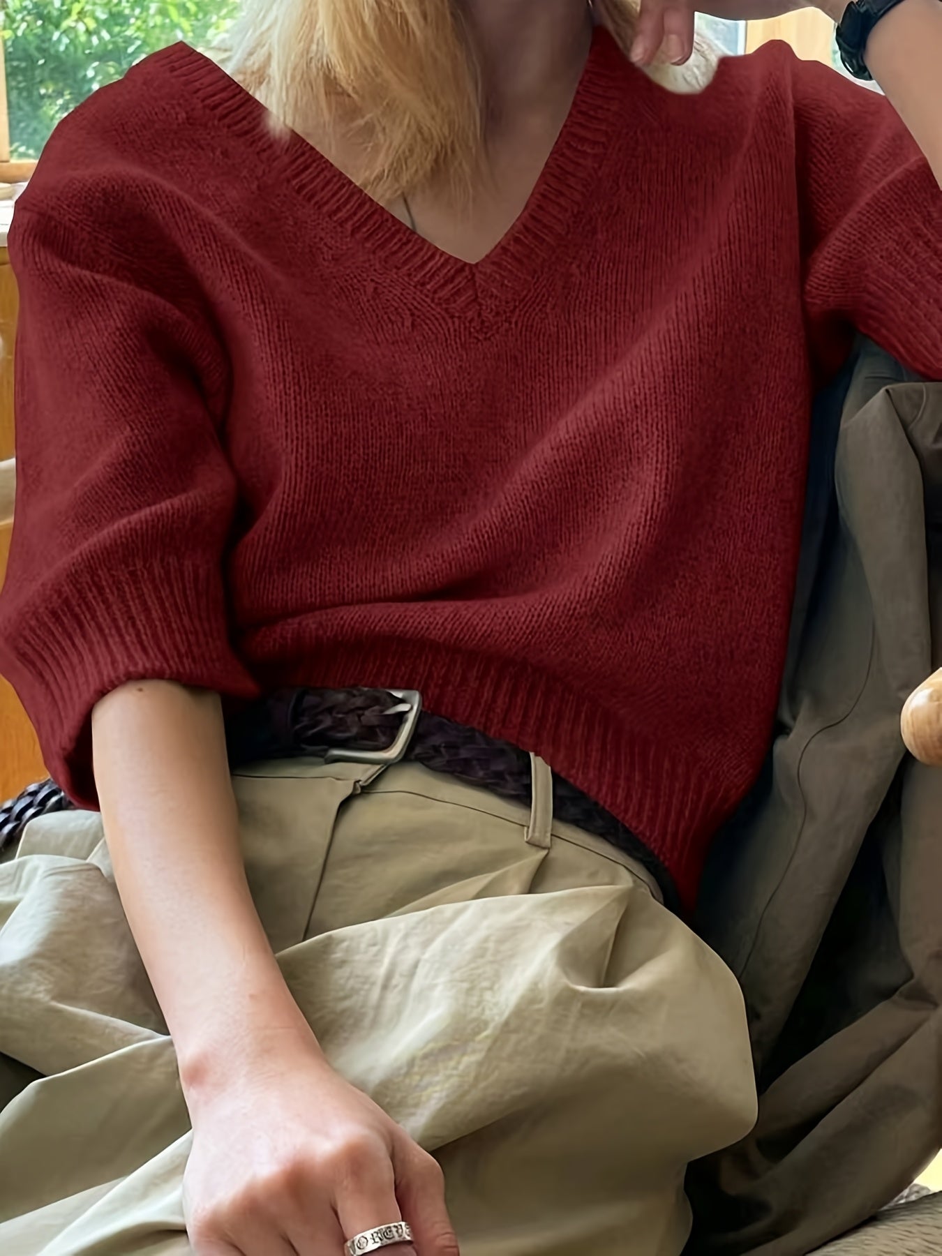 Women's Brown V-Neck Short Sleeve Knit Top High Stretch Jersey for Spring Summer