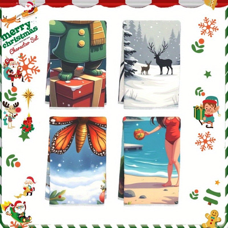 Christmas Tree Santa Claus Kitchen Towel Set 4 Pieces 45.72x66.04 cm Festive Decor