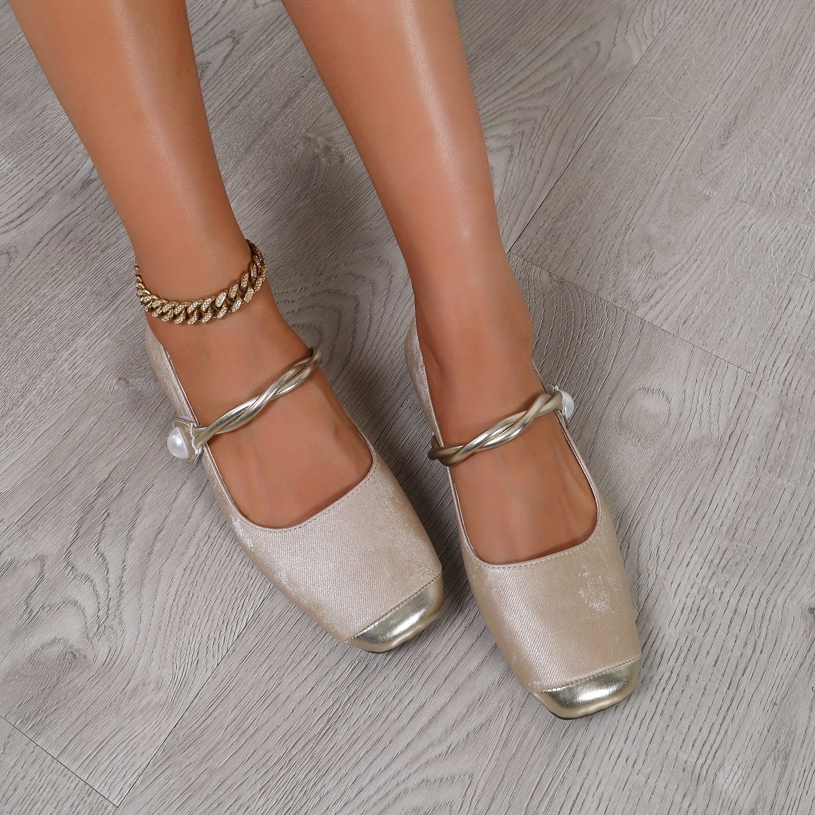 Zapatos planos para mujer elegantes con punta cuadrada, correa en el tobillo, perlas falsas, cristales, ligeros, para todas las estaciones