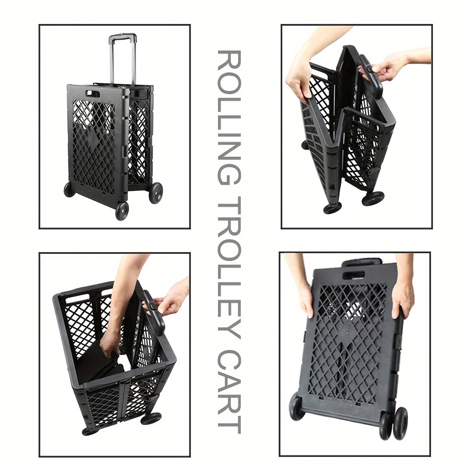 Black Portable Collapsible Storage Cart with 4 Wheels 55L Trolley for Kitchen