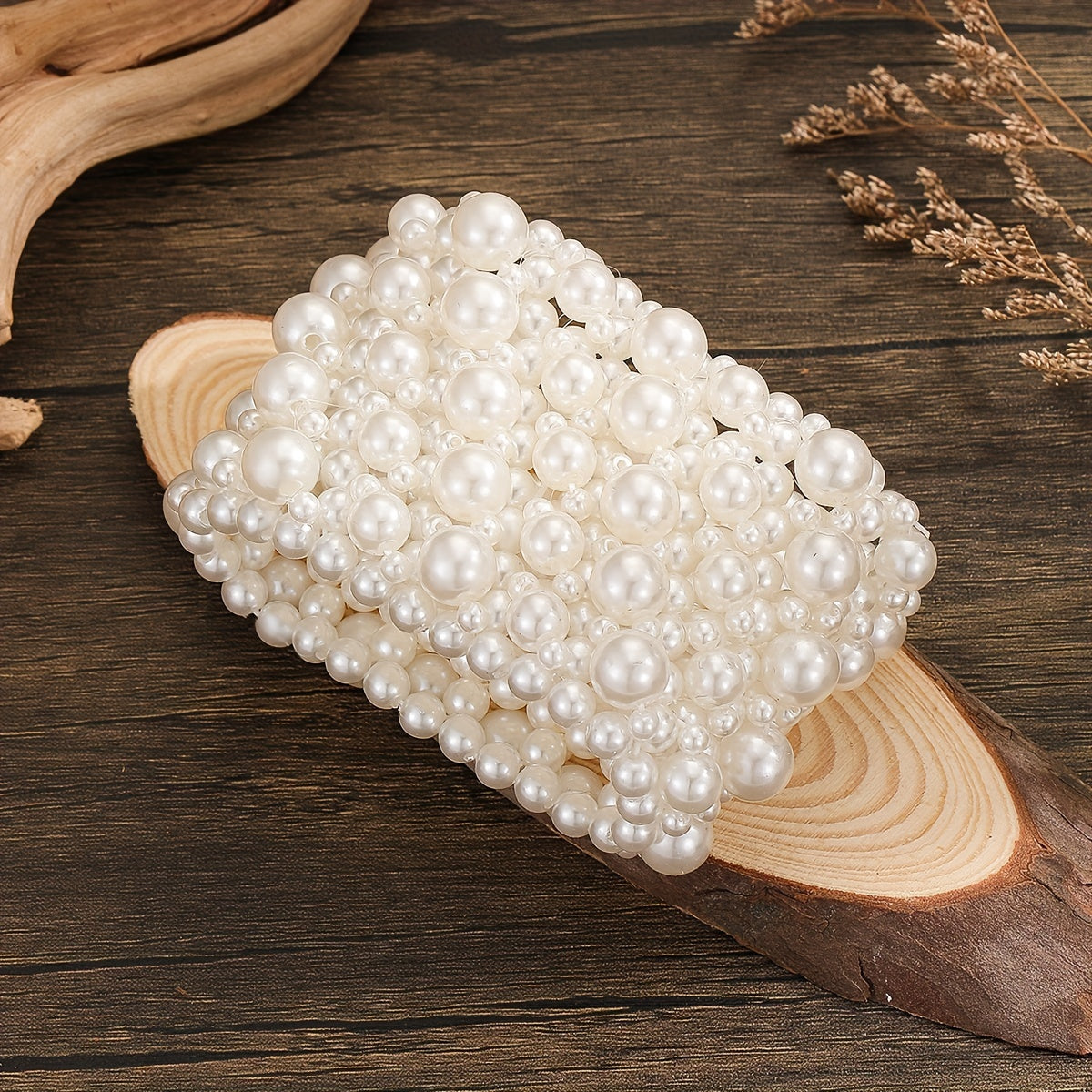 Pulsera elástica para mujer con perlas de imitación blancas y diseño inspirado en árabe