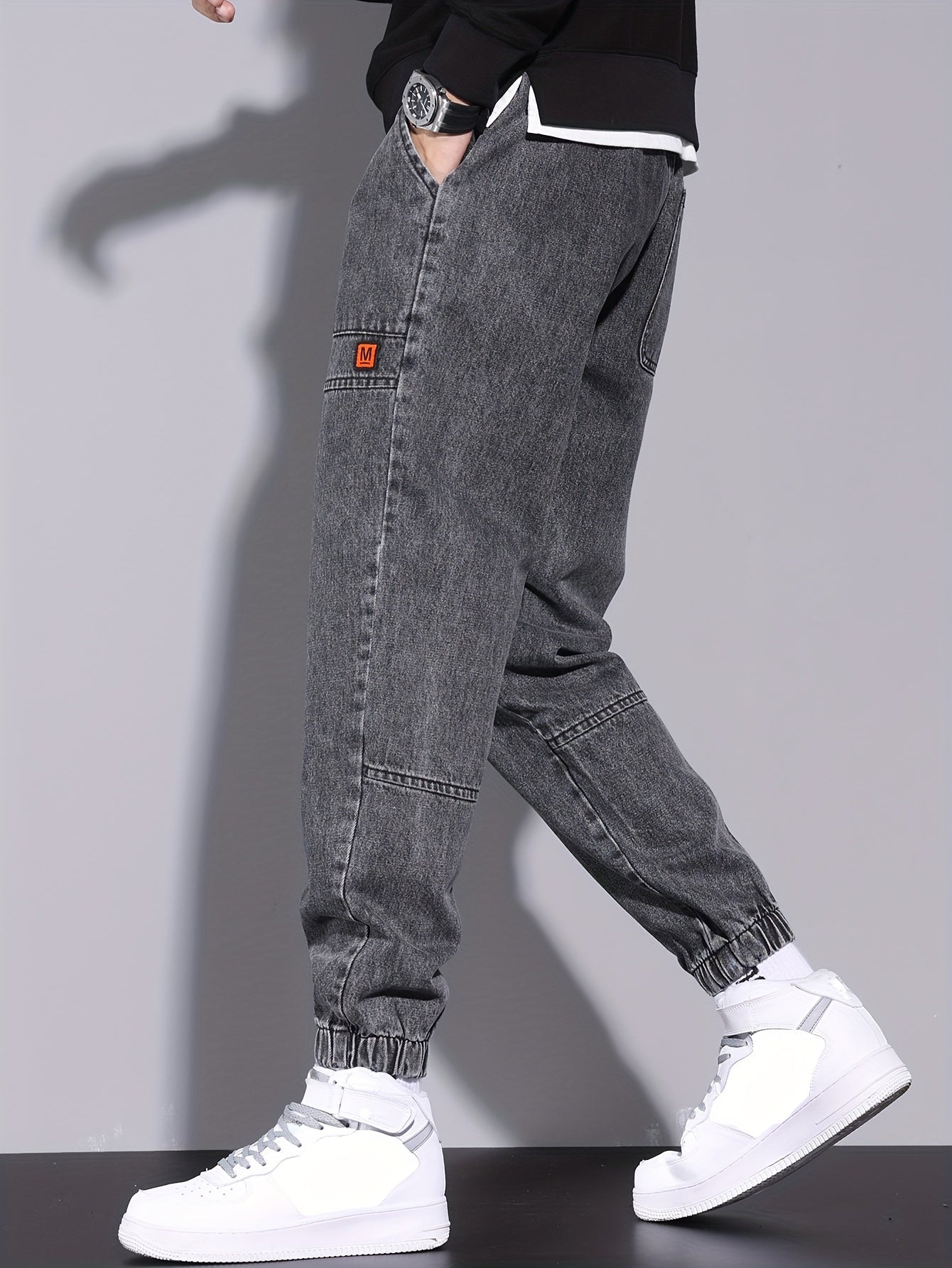 Men's Denim Jogger Pants with Elastic Drawstring Waist Cropped All-Season Street Style