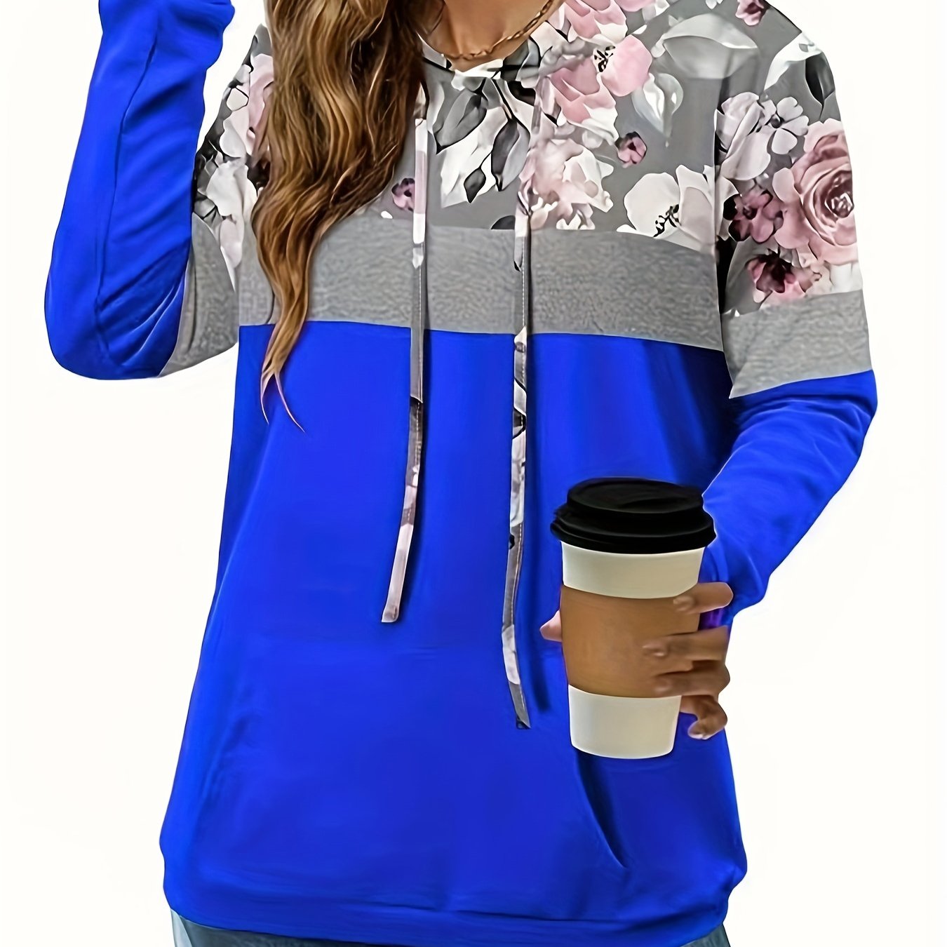 Plus size ayollar uchun rangblokli gul bosma kapşonli kiyim va cho‘ntaklar bilan