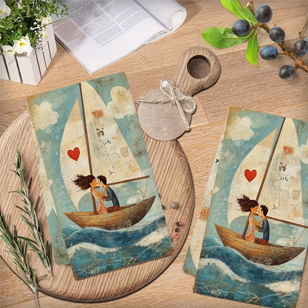 Two Pieces Ultra Soft Kitchen Towels Sailing Heart Illustration Absorbent Quick Dry