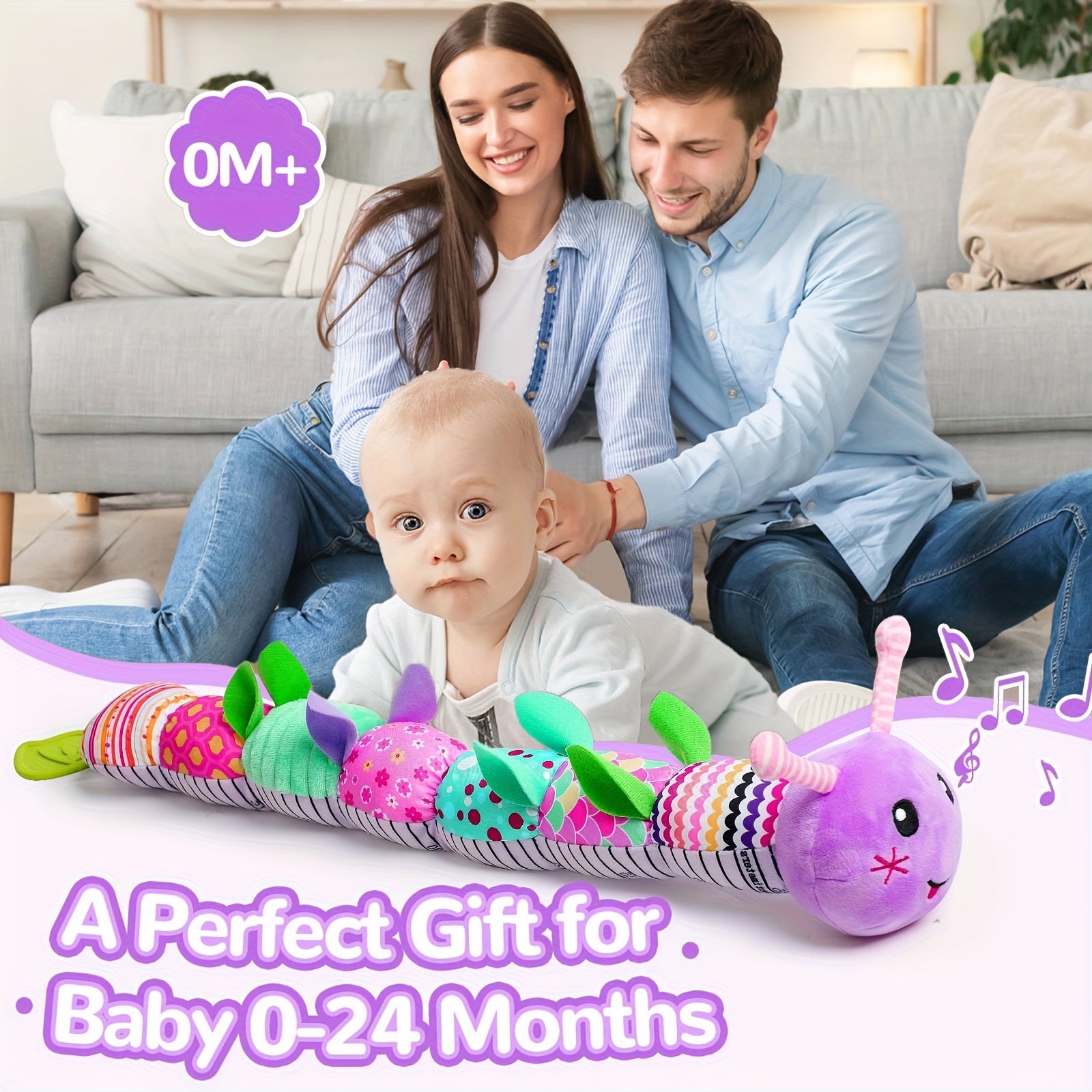 Baby Musical Stuffed Animal Toy for 0-12 Months Purple Caterpillar Crinkle Rattle Tummy Time