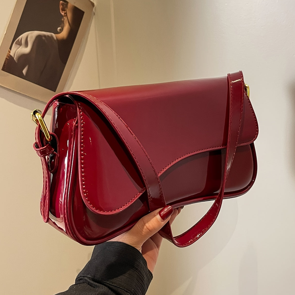 Black Baguette Bag for Women with Adjustable Strap and Gold Hardware