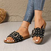 Women's Black Studded Slip-On Flat Sandals Open-Toe Summer Beach Shoes