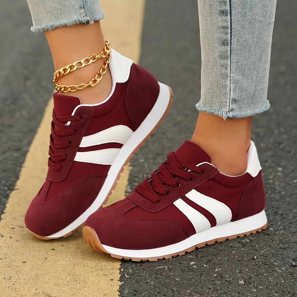Women's Wine Red Casual Sneakers Non-Slip Lace-Up Round Toe All-Season