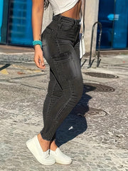 Pantalones de trabajo ajustados con control de barriga en negro para mujer, estilo pitillo con abertura en la bota, denim, talla grande