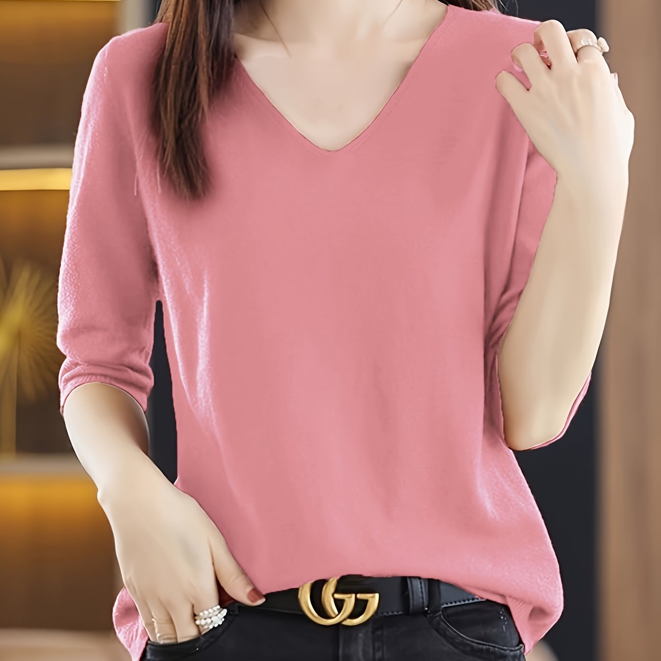 Women's V-Neck Sweater Solid Color Half Sleeve Knit Top for Spring Fall