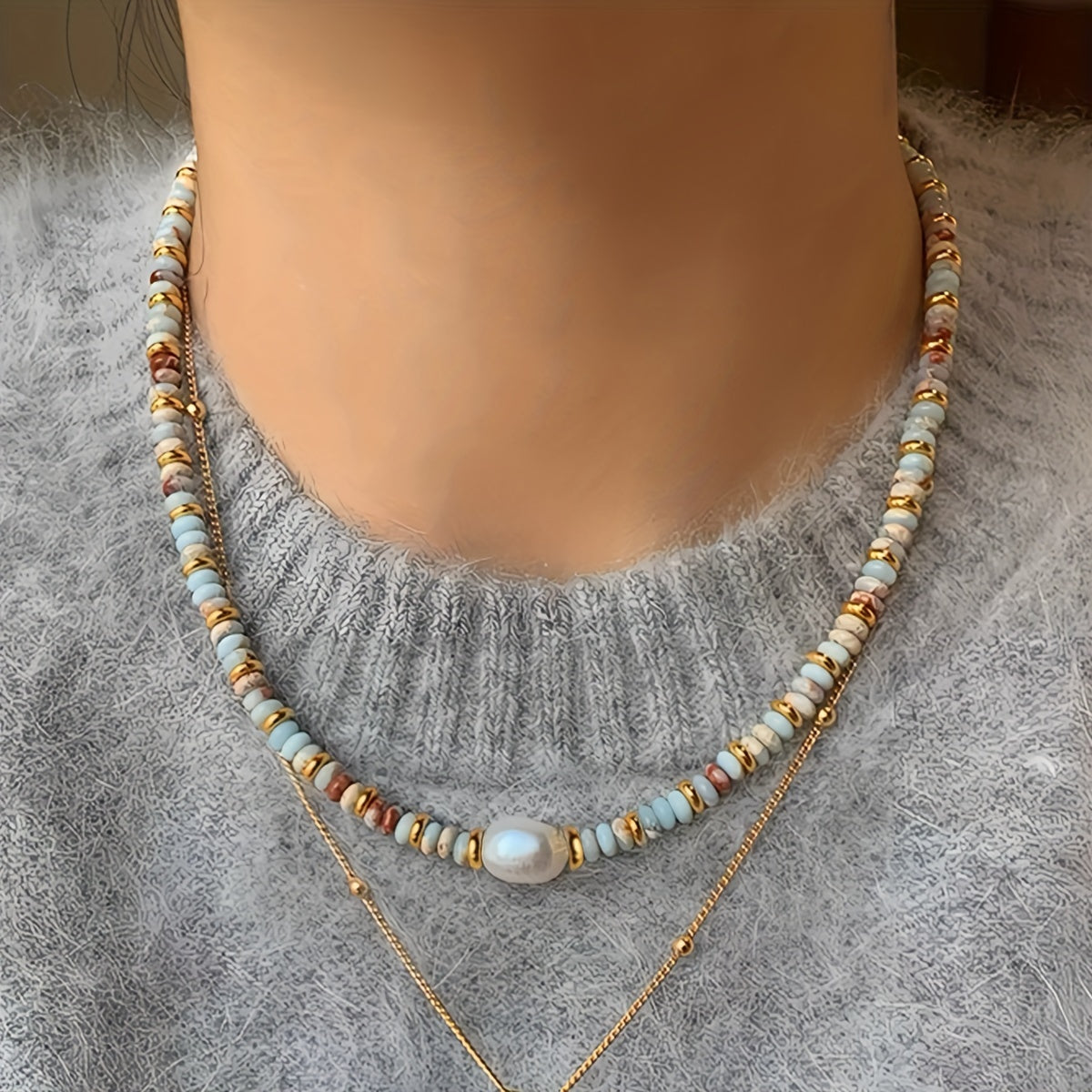 Colorful Natural Stone Beaded Necklace with Freshwater Pearl Boho Chain