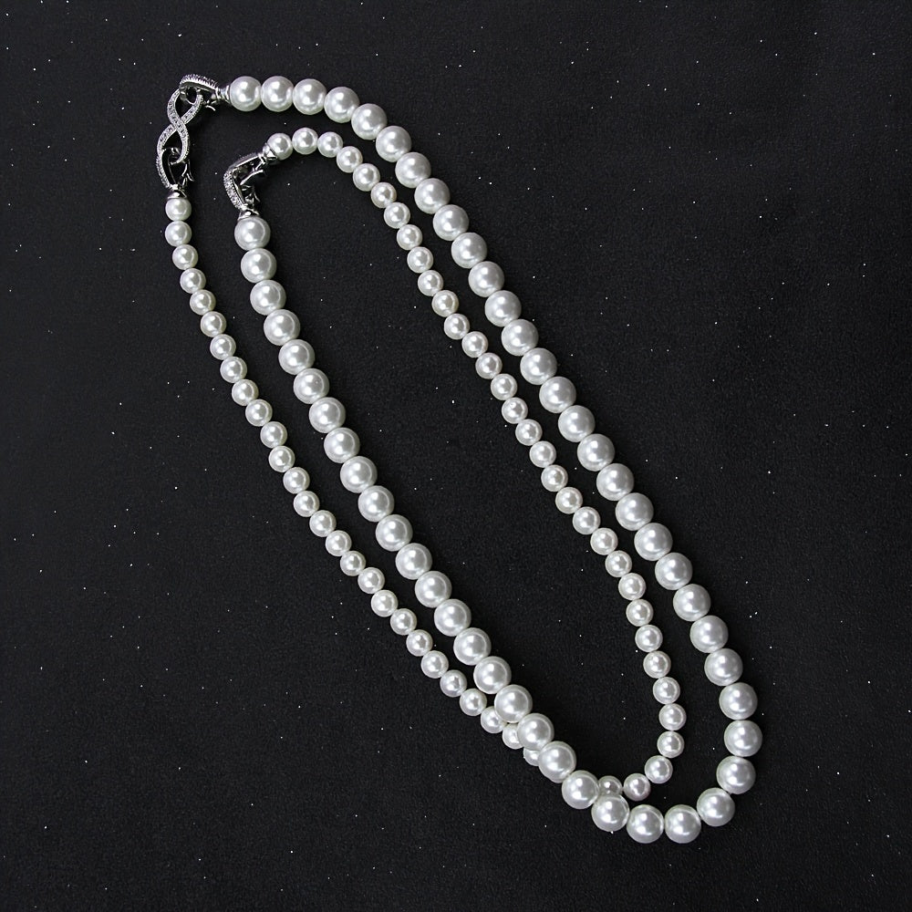 Women's Double Strand Shell Pearl Necklace with Zirconia Inlay and Infinite Clasp