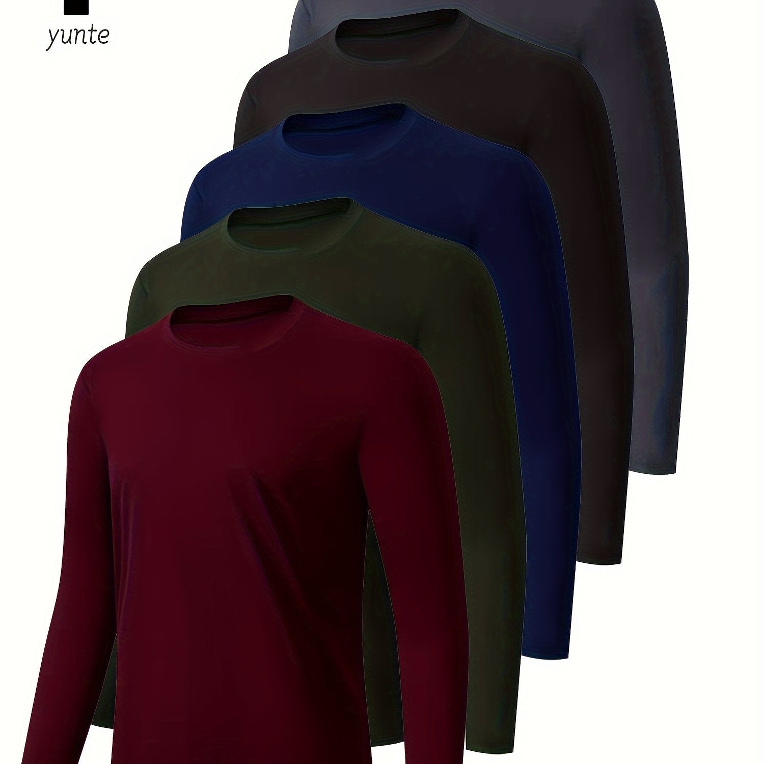 Men's Athletic Long Sleeve Crew Neck Shirts 5-Pack Quick-Dry Polyester Solid Colors