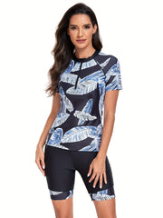 Women's Leaf Print Swimsuit Two-Piece Short Sleeve Zipper Boxer Swimwear