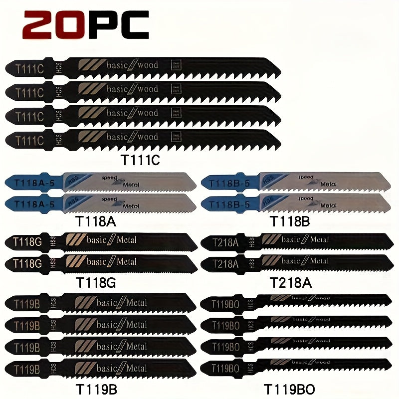 20pcs High Carbon Steel Jig Saw Blade Set for Wood Plastic Metal Fast Cutting