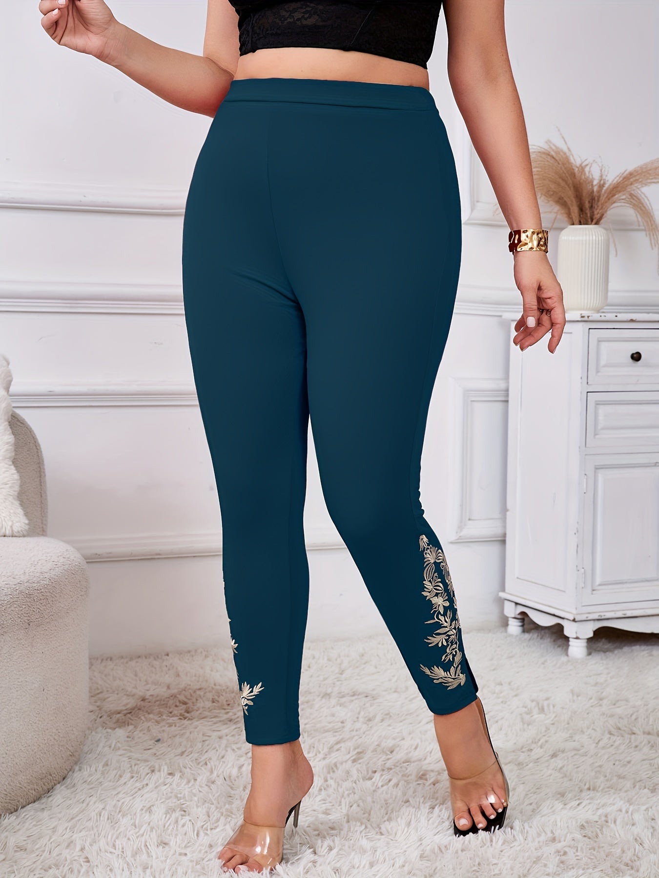 Pantalones de tiro alto con bordado floral y tela stretch para mujer, talla grande, negro con dorado