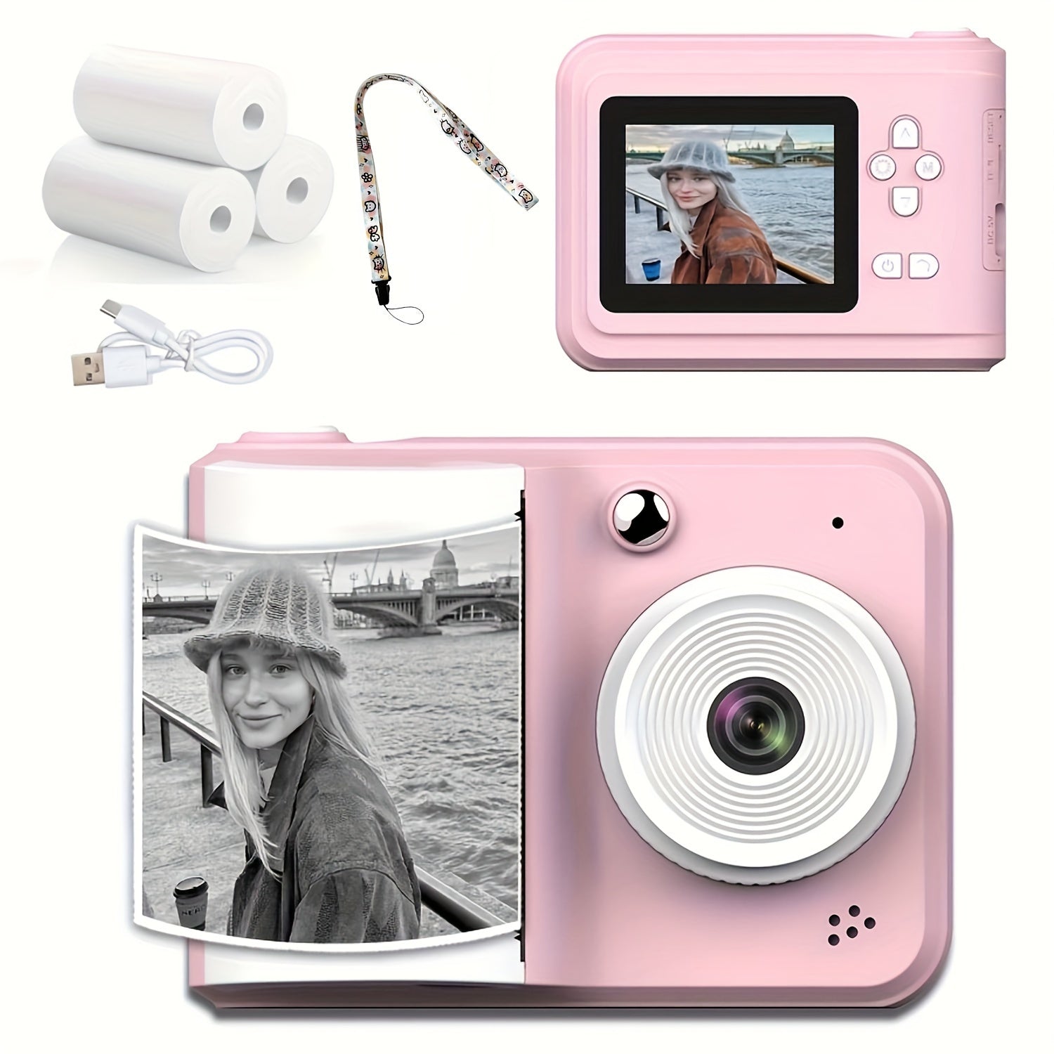 USB-Powered Instant Photo Printer with Rechargeable Battery and 2 Paper Rolls