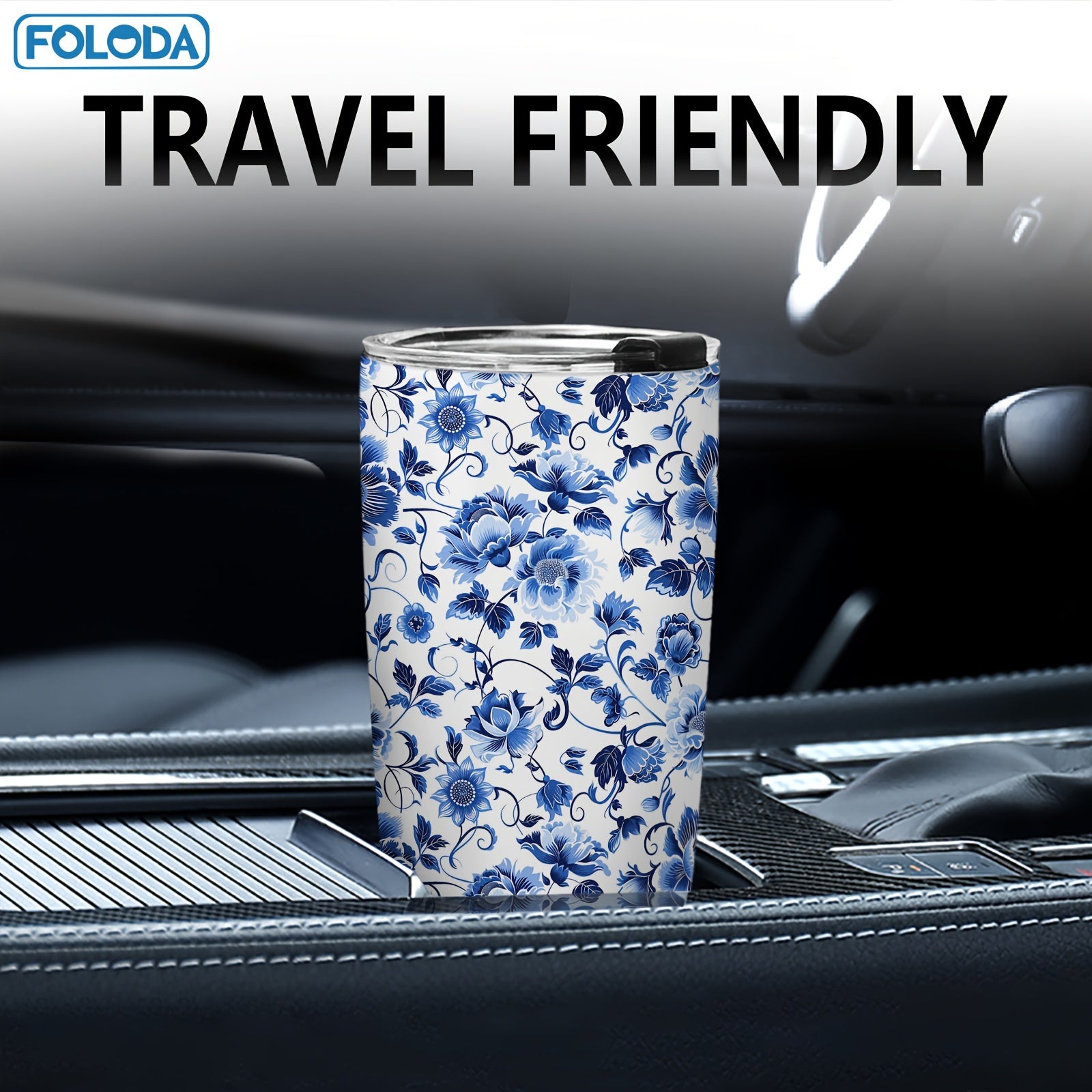 20oz Blue Floral Stainless Steel Travel Mug Double Wall Vacuum Insulated with Lid and Straw