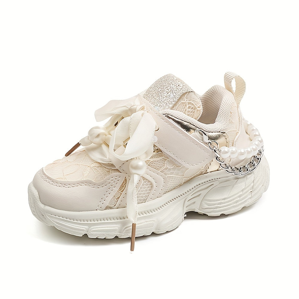 Girls Casual Pearl Chain Low Top Sneakers for Spring and Fall Non-Slip Sport Shoes