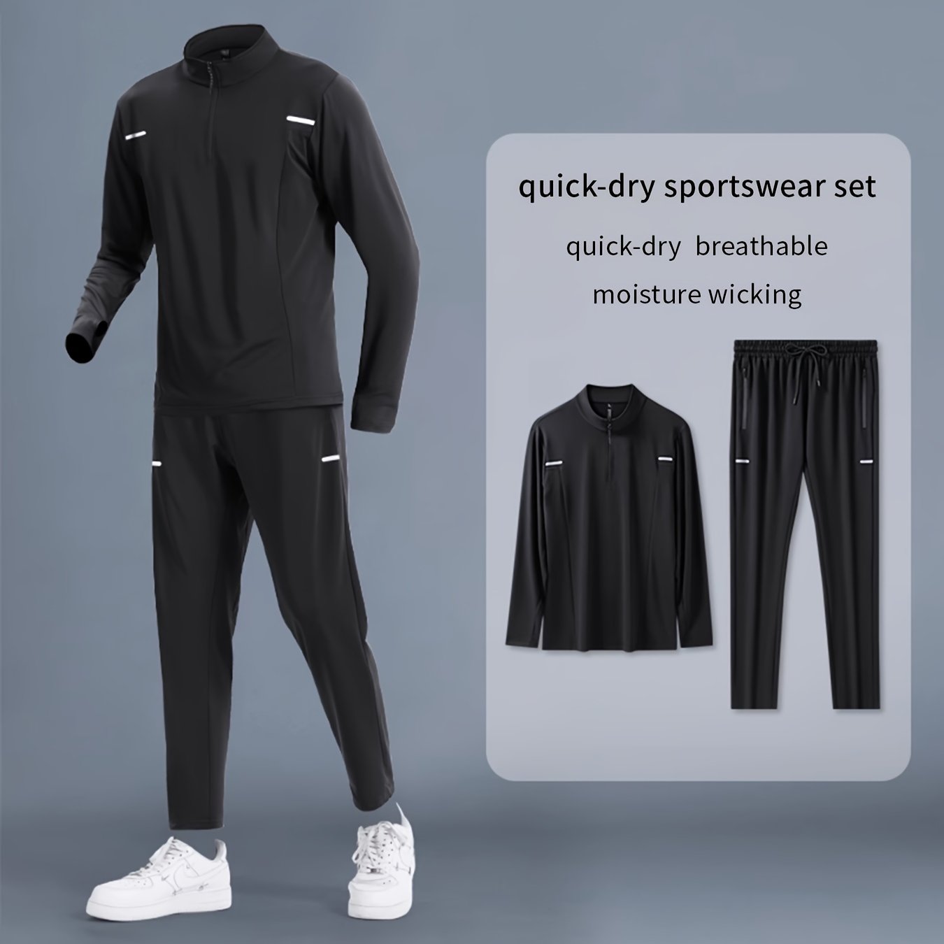 Men's Athletic Set Long Sleeve Zip-Up Jacket and Pants Breathable Moisture-Wicking Striped for Running Cycling Fitness
