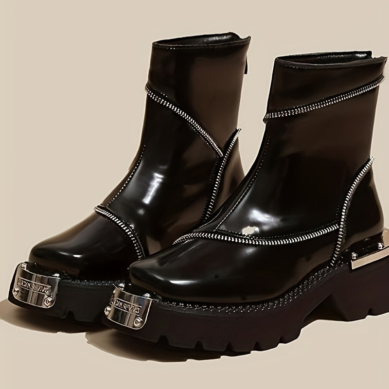 Women's Chunky Platform Boots Synthetic Black Slip-Resistant Zipper