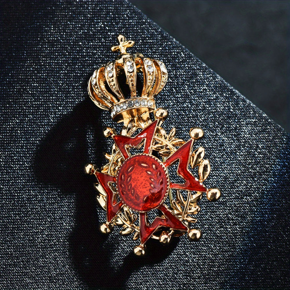Vintage uslubidagi X shaklidagi brosh pin, rhinestone toj va qizil emal medal bilan - Ofis va partiya kiyimlari uchun genderga neytral qotishma va tosh aksessuar - Mukammal sovg'a tanlovi