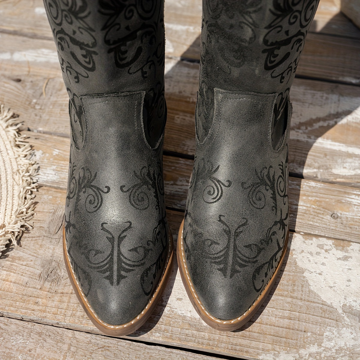 Women's Brown Laser-Cut Floral Mid-Calf Boots with Wooden Heel