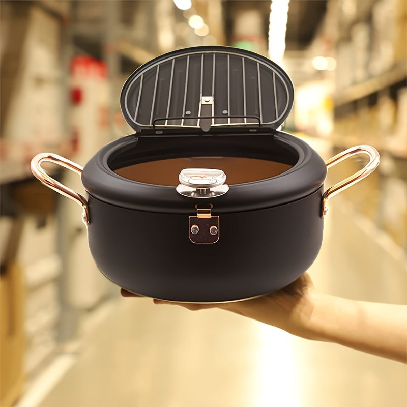 Olla de freidora profunda antiadherente negra con termómetro y calentamiento rápido