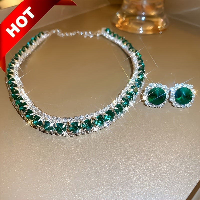 Emerald Crystal Jewelry Set for Women Necklace and Earrings Silver Plated Party Everyday