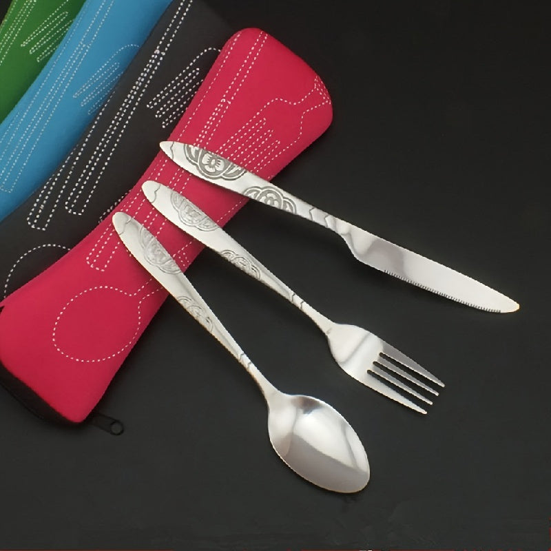 Stainless Steel Cutlery Set with Knife Fork Spoon in Travel Case for Camping