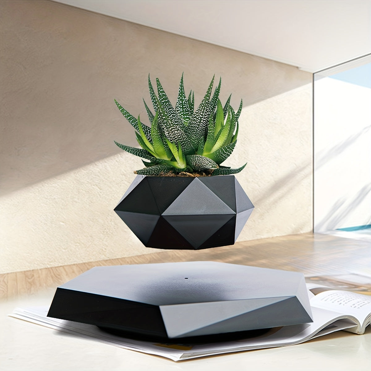 Magnetic Levitating Mini Rotating Flower Pot Black Floating Plant Pot for Office Home Garden